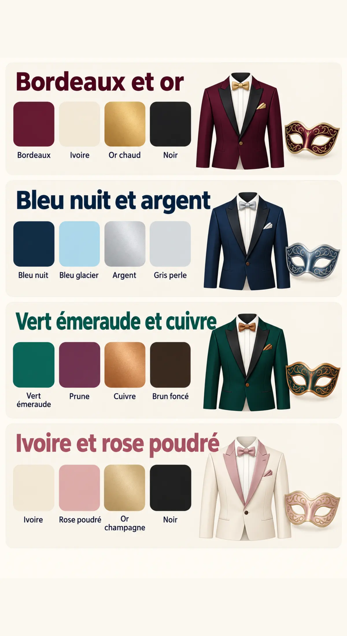 Comparaison de quatre palettes : bordeaux, ivoire, or et noir ; bleu nuit, bleu glacier, argent et gris perle ; vert, prune, cuivre et brun ; ivoire, rose, champagne et noir.