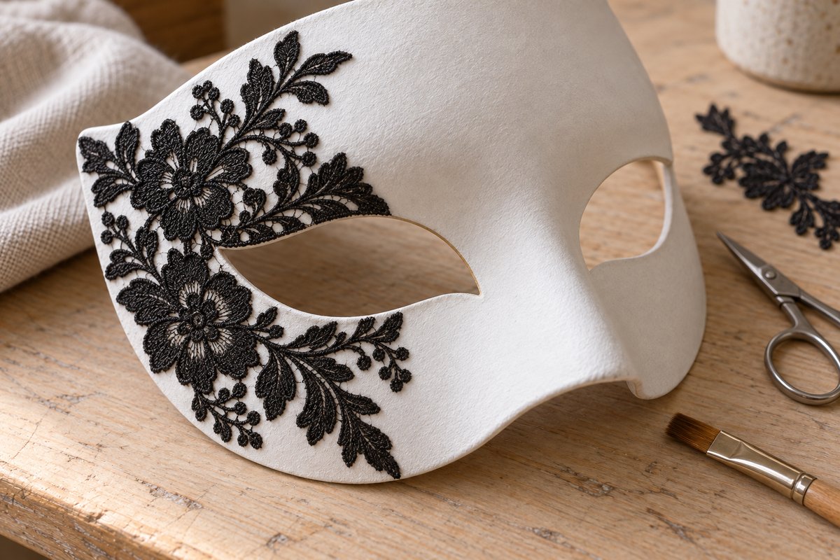 Gros plan de dentelle noire collée autour de l'œil d'un masque vénitien blanc