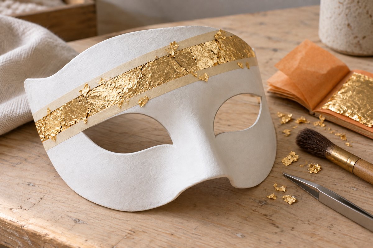 Masque vénitien blanc avec bande de feuille d'or posée entre deux rubans de masquage