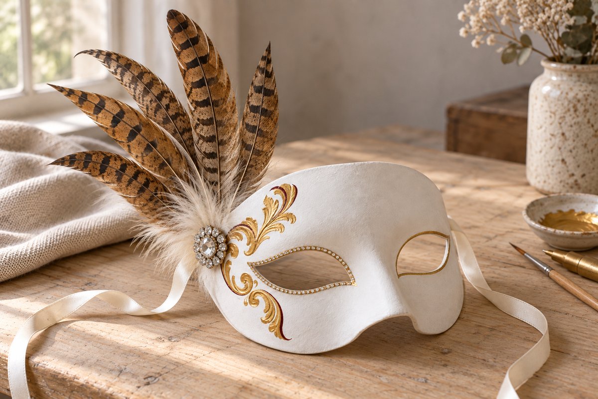 Masque vénitien blanc avec bouquet latéral de plumes de faisan et médaillon de strass
