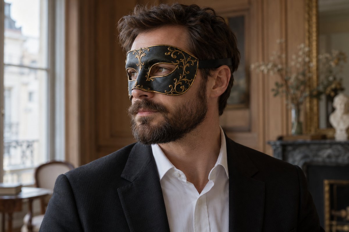 Homme à barbe fournie portant un loup vénitien noir et doré noué par ruban