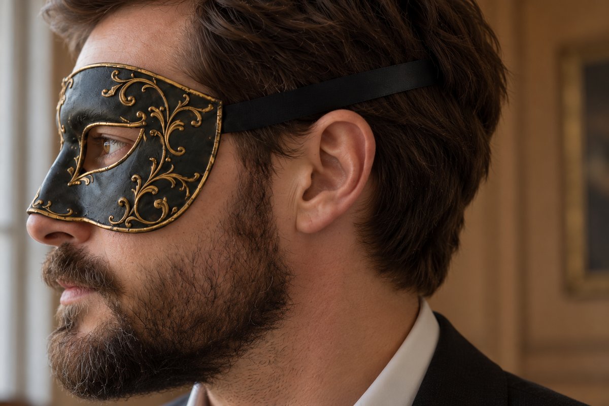 Gros plan de profil d'un ruban satin passant au-dessus de l'oreille d'un barbu