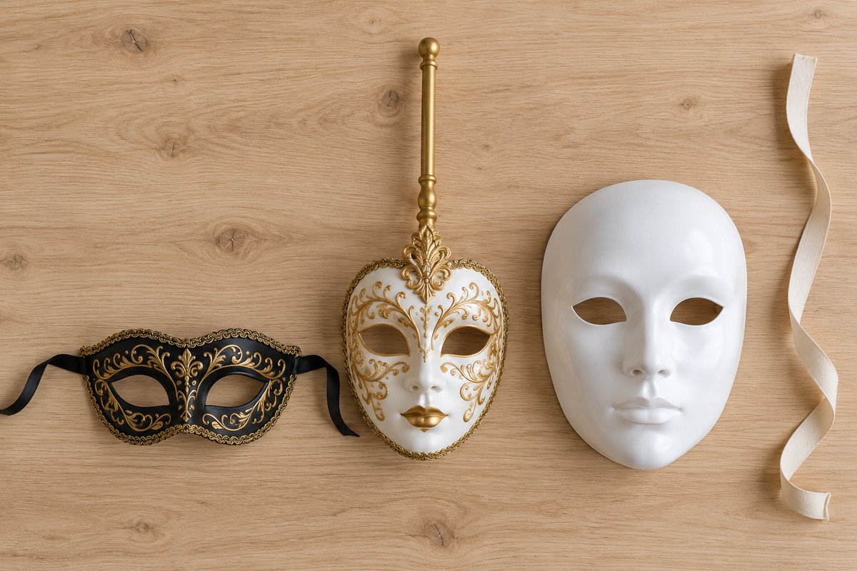 Loup, masque à bâton et volto vénitiens alignés sur une table pour comparer
