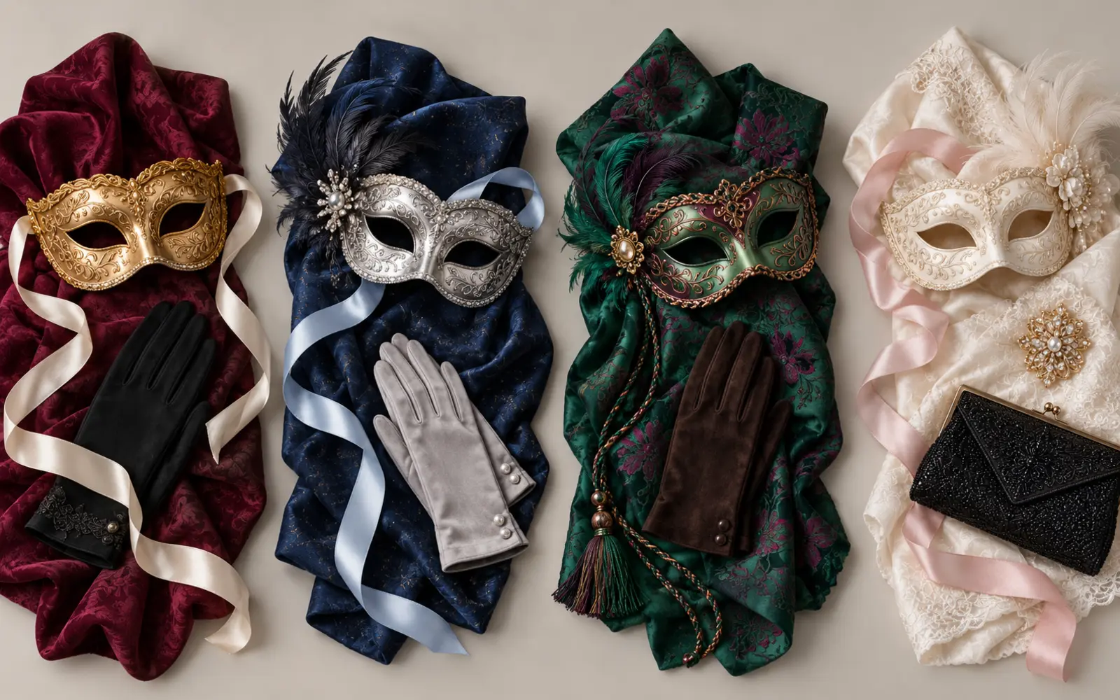 Quatre ensembles de masque, tissu et accessoires en bordeaux et or, bleu nuit et argent, vert et cuivre, ivoire et rose.
