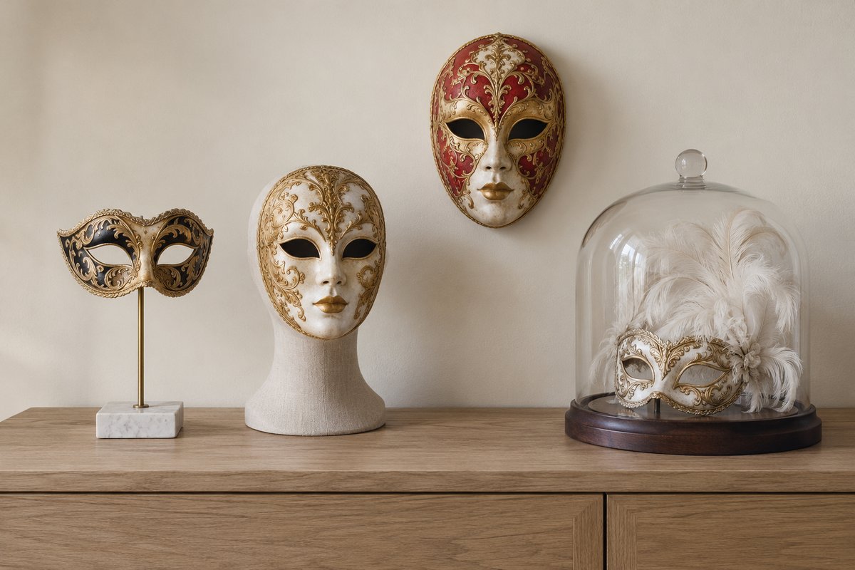 Quatre présentoirs pour masques vénitiens : support sur pied, tête, accroche murale et cloche en verre