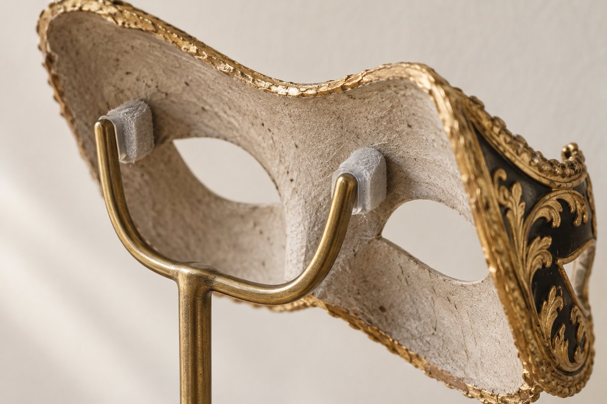 Fourche en laiton gainée de silicone et feutrine tenant le bord d'un loup vénitien
